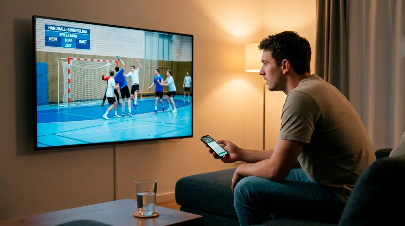 Handball Live-Wetten — Spieler am Smartphone verfolgt WM-Spiel und Live-Quoten