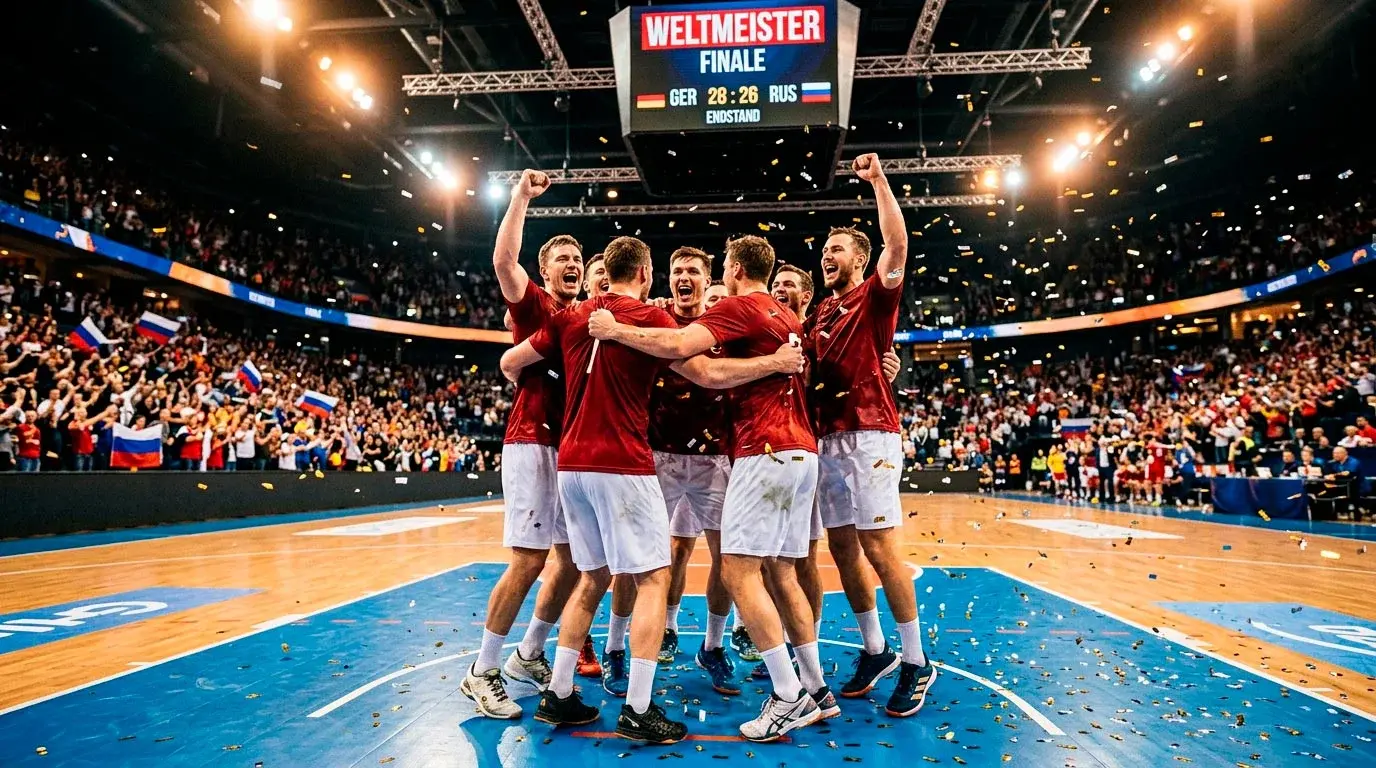 Handball-WM Favoritenanalyse — dänische Nationalmannschaft beim Jubel nach WM-Titelgewinn