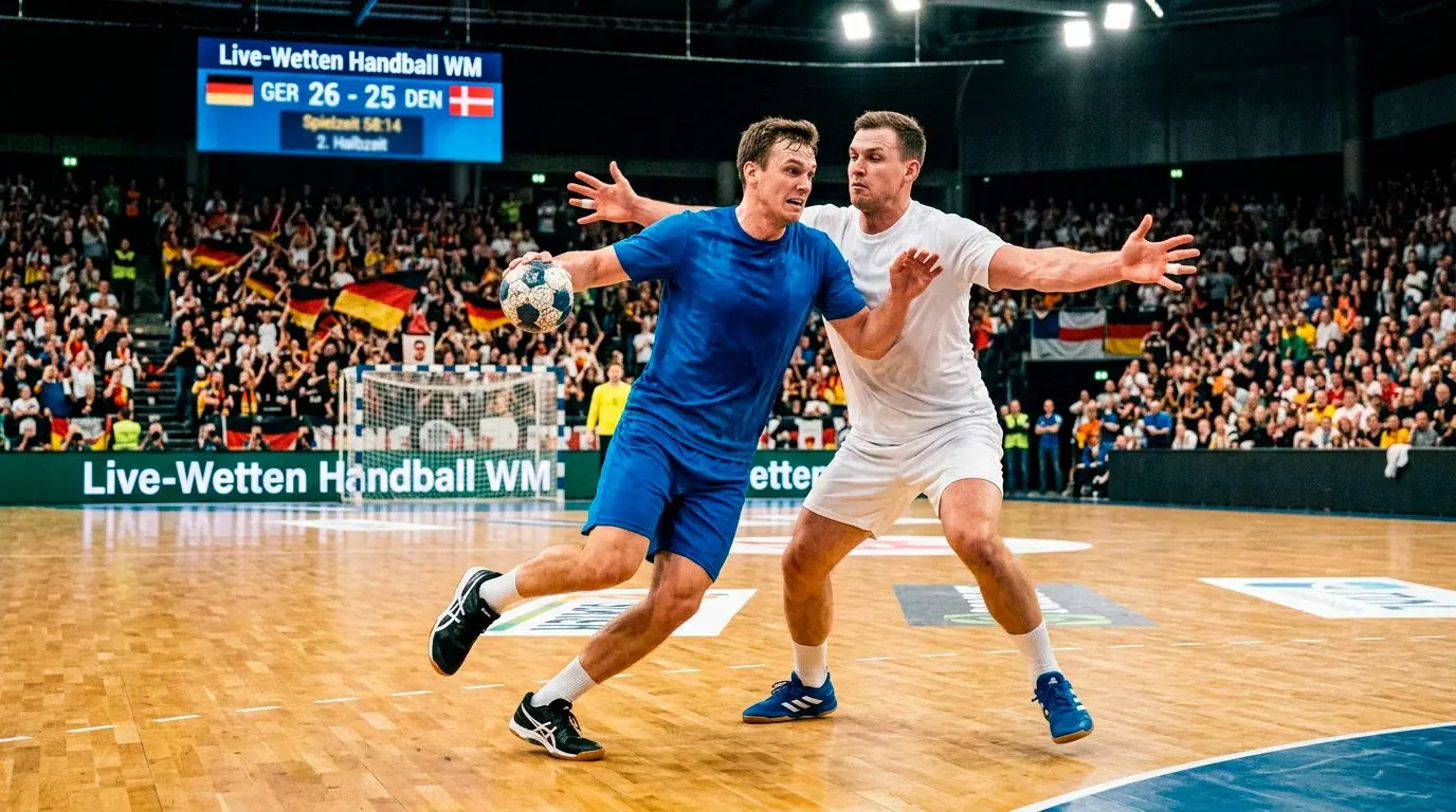 Live-Wetten Handball WM – Handballspieler in Aktion während eines WM-Spiels in voller Arena